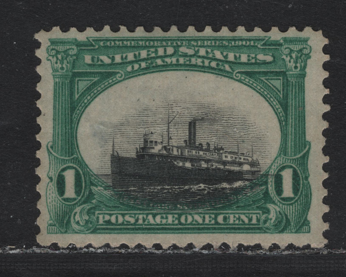 Lot 93 United States SC#294var 1c Dark Blue Green & Black , 1901 Pan-American Exposition Issue, A FOG Single, Upright Wmk, Showing The 'Low Ship' In Which The Vignette Has Been Shifted 2-3mm Downwards, Small Hinge Thin.