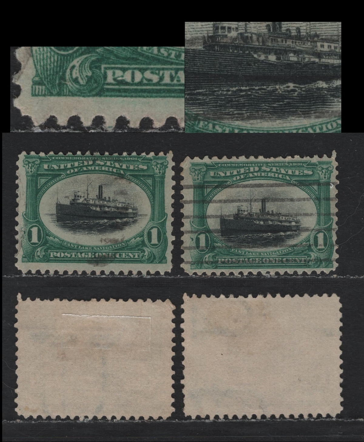 Lot 95 United States SC#294var 1c Deep Blue Green & Black , 1901 Pan-American Exposition Issue, 2 Fine Used Singles, Reversed Wmks, Showing Unlisted Plate Varieties ; White Dash Between P-O of Postage & Cruved Scratch In Water Above A of Navigation