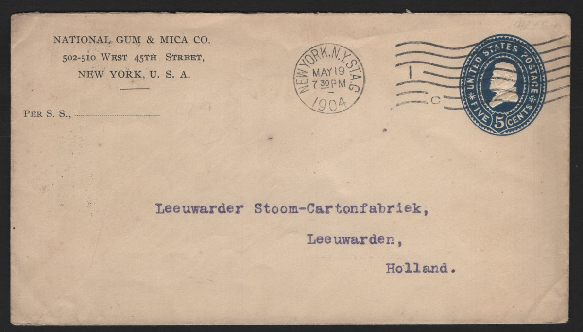 Lot 105 United States SC#U377 5c Blue, 1899 Franklin Head Issue, A Very Fine Used Envelope, Commercial Sized White Envelope, Scarce Knife Type 70, National Gum & Mica Co Of New York City, Corner Card Containing A Line to Add Streamship Endorsements.