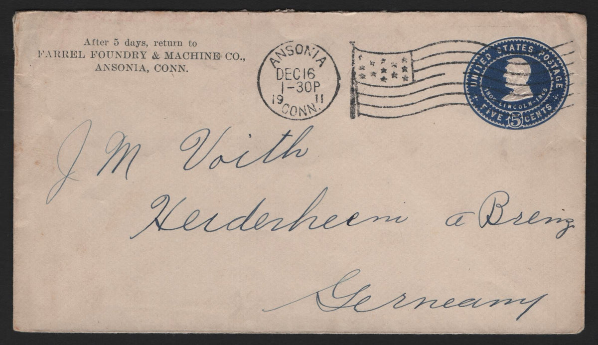 Lot 107 United States SC#U393 5c Blue, 1903 Hartford Manufacturing Issue, A Very Fine Used Envelope, Commercial Envelope, Farrel, Foundry & Marchine Co, Ansonia, Conn. Wmk 14, Knife 70, Sent From Ansonia To Germany December 16 1911.