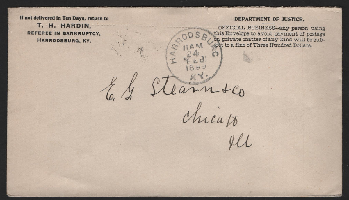 Lot 109 United States SC#Dept. Of Justice Unfranked, A Very Fine Used Envelope, As Lot 108, But Sent February 24 1899 With February 25 Chicago Receiving Backstamp