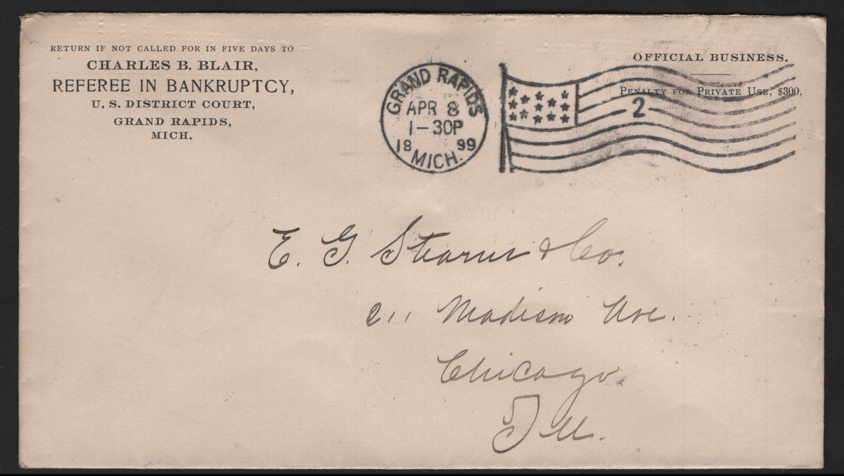 Lot 112 United States SC#Official Unfranked, A Very Fine Used Envelope, Charles B Blair Corner Card & Simplified Warning In The Right Side, Stating 'Official Business, Penalty For Private Use $300'., Sent April 8 1899 to Chicago, Arriving Same Day.
