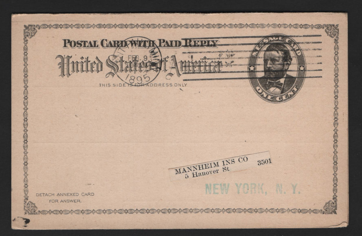 Lot 118 United States SC# 1c + 1c Black, 1892 Grant Postcard Issue, A Very Fine Used Reply Card, Sent By West Publishing Co To New York NY From Saint Paul MN On February 9 1895, Reply Is Self Adressed & Is A Pre-Printed Order Card