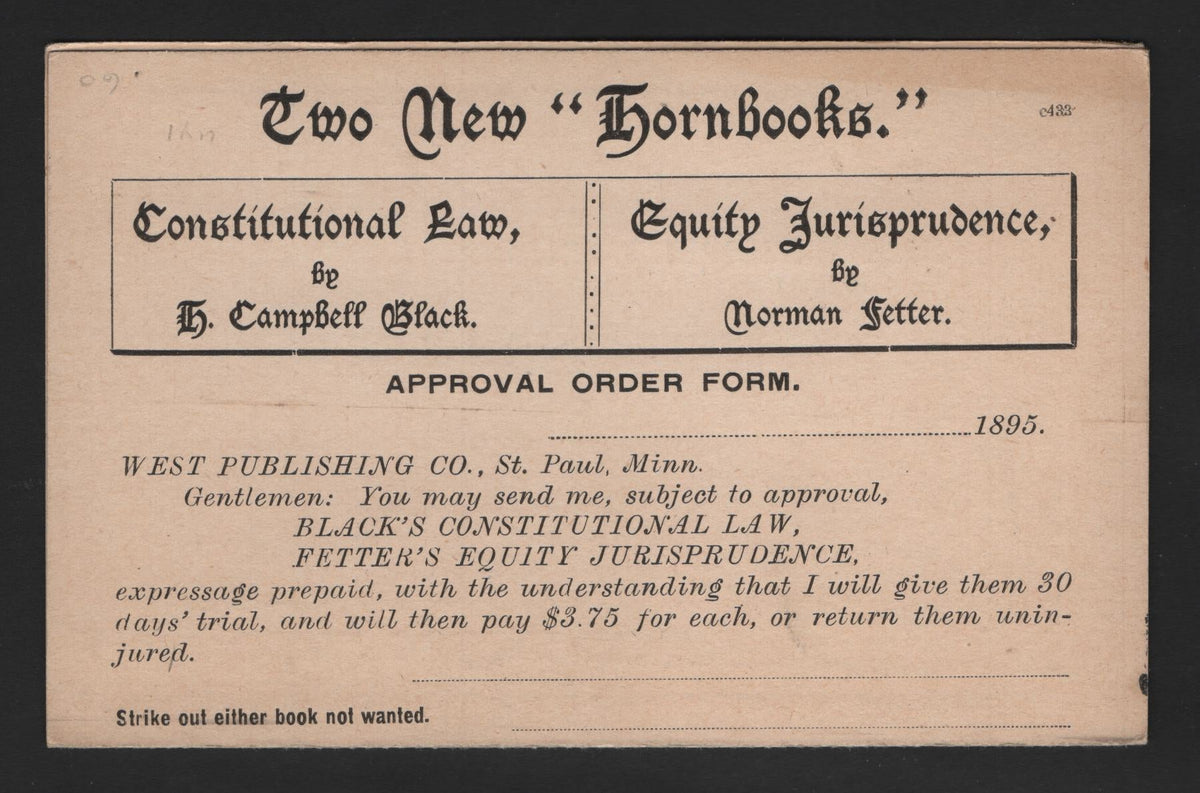 Lot 118 United States SC# 1c + 1c Black, 1892 Grant Postcard Issue, A Very Fine Used Reply Card, Sent By West Publishing Co To New York NY From Saint Paul MN On February 9 1895, Reply Is Self Adressed & Is A Pre-Printed Order Card