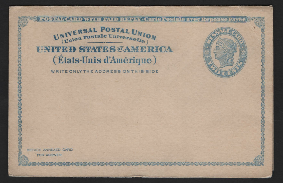 Lot 119 United States SC#UY1var 2c+2c Blue, 1893 Reply Issue, A Fine Mint Reply Card, 1893 Issue Which Is Missing The Required Roulette Between The Message & Reply Halves. Some Minor Edge Wear. A Major Recognized Production Error