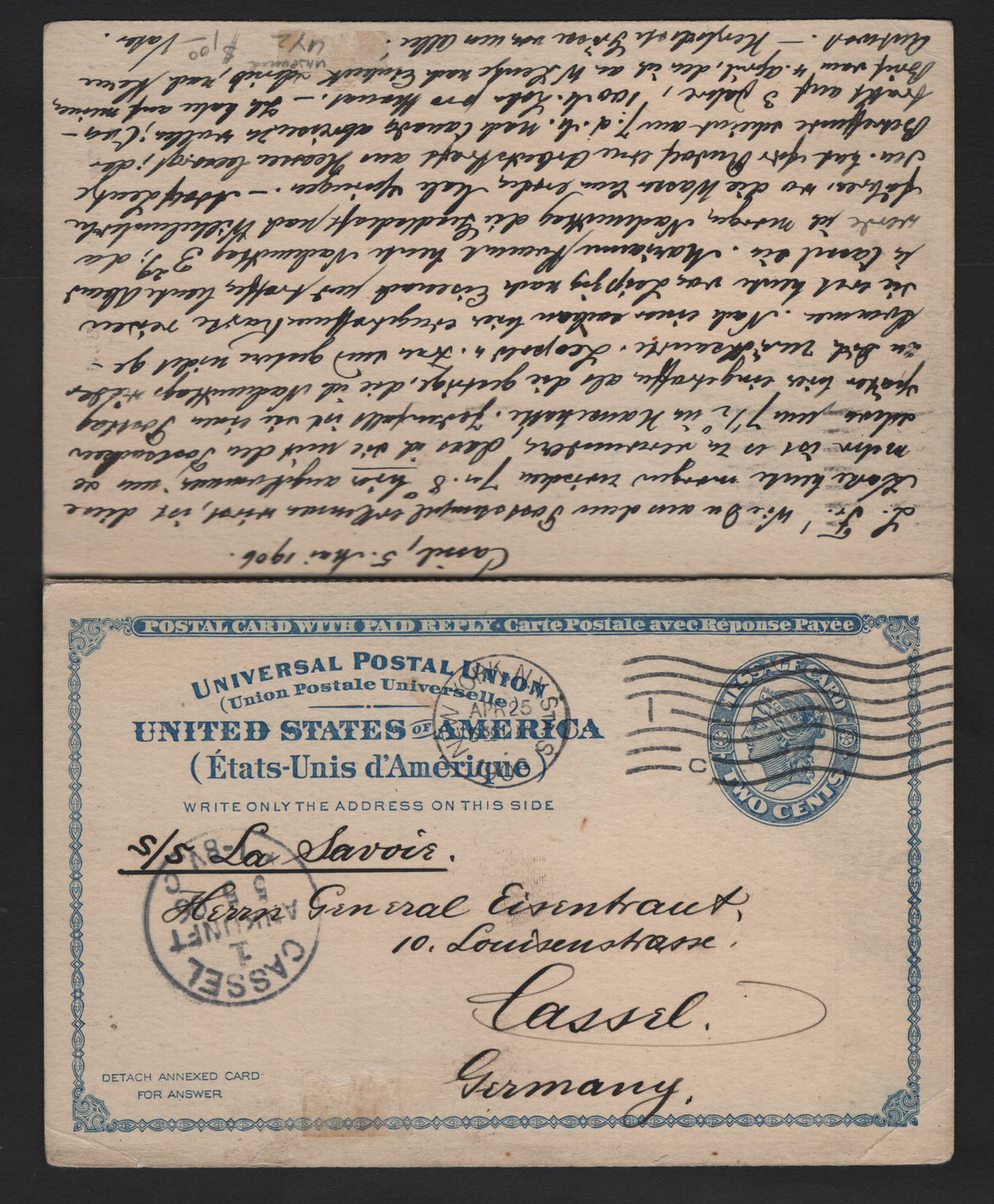 Lot 122 United States SC#UY2a 2c Dark Blue, 1893 Reply Issue, A Very Fine Used Reply Card Pair, Sent Originally On April 25 1906 to Cassel, Germany, Arriving On May 5 1906, Recipient Replied And Franked On May 8 With 2 10pf Germania Stamps.