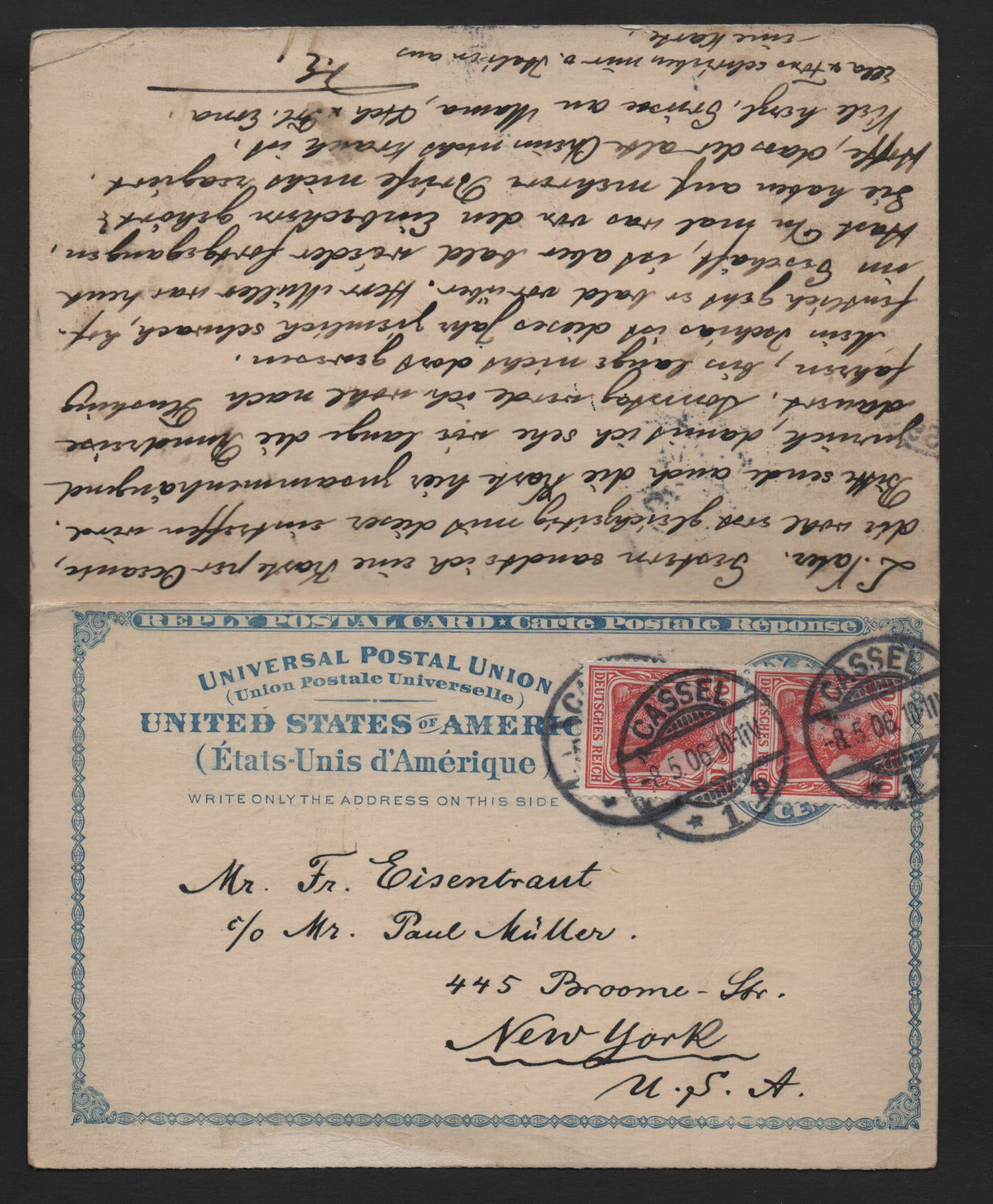 Lot 122 United States SC#UY2a 2c Dark Blue, 1893 Reply Issue, A Very Fine Used Reply Card Pair, Sent Originally On April 25 1906 to Cassel, Germany, Arriving On May 5 1906, Recipient Replied And Franked On May 8 With 2 10pf Germania Stamps.