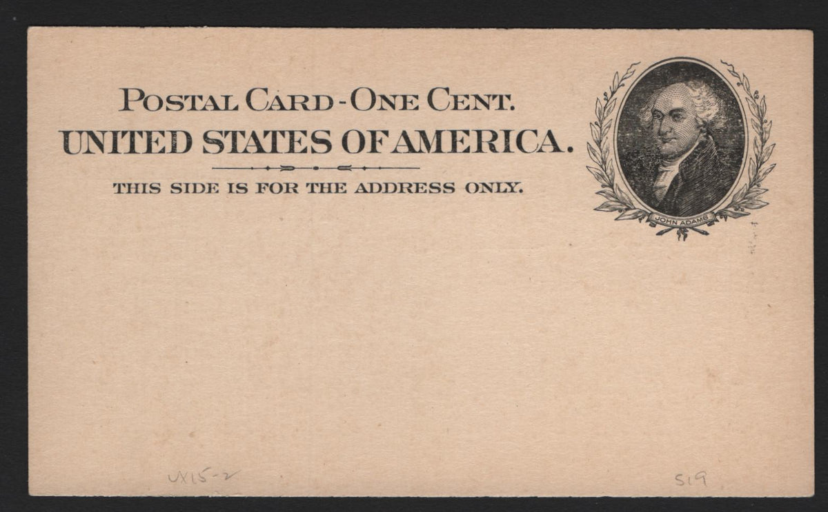 Lot 128 United States SC#UX15 1c Black on Buff, 1898 Postal Card Issue, A Very Fine Mint Postal Card, Scarce & Desirable Ivy League Collegiate Crossover Item Printed On A 1c John Adams Card, Harvard 82 Mint Card With Pre-Printed Message