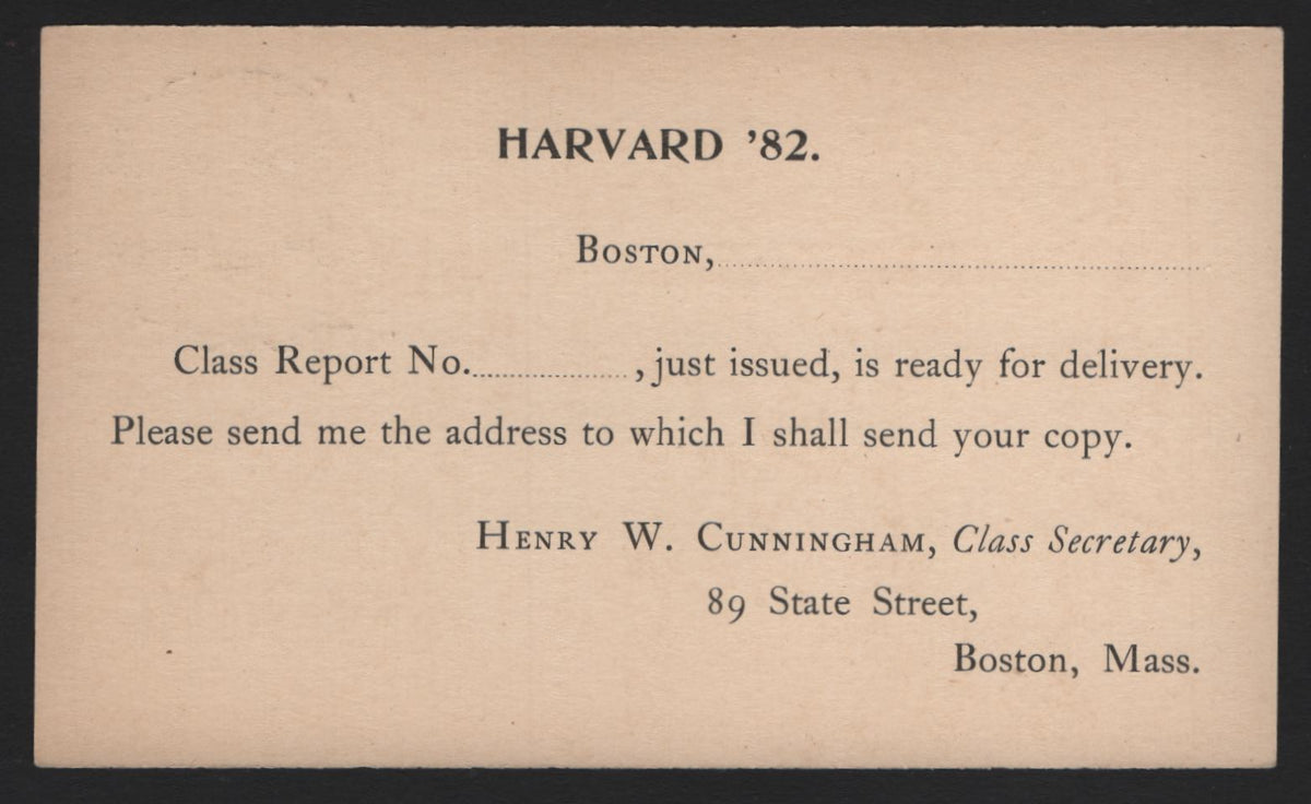Lot 128 United States SC#UX15 1c Black on Buff, 1898 Postal Card Issue, A Very Fine Mint Postal Card, Scarce & Desirable Ivy League Collegiate Crossover Item Printed On A 1c John Adams Card, Harvard 82 Mint Card With Pre-Printed Message