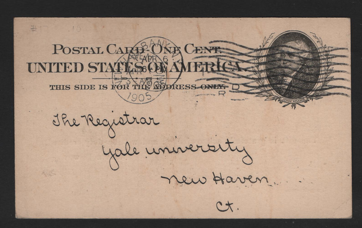 Lot 129 United States SC#UX15 1c Black on Buff, 1898 Postal Card Issue, A Very Fine Used Postal Card, Ivy League Crossover Piece Connecting The New York State Education Department & Yale University, Sent April 6 1905 From Albany NY To New Haven, CT