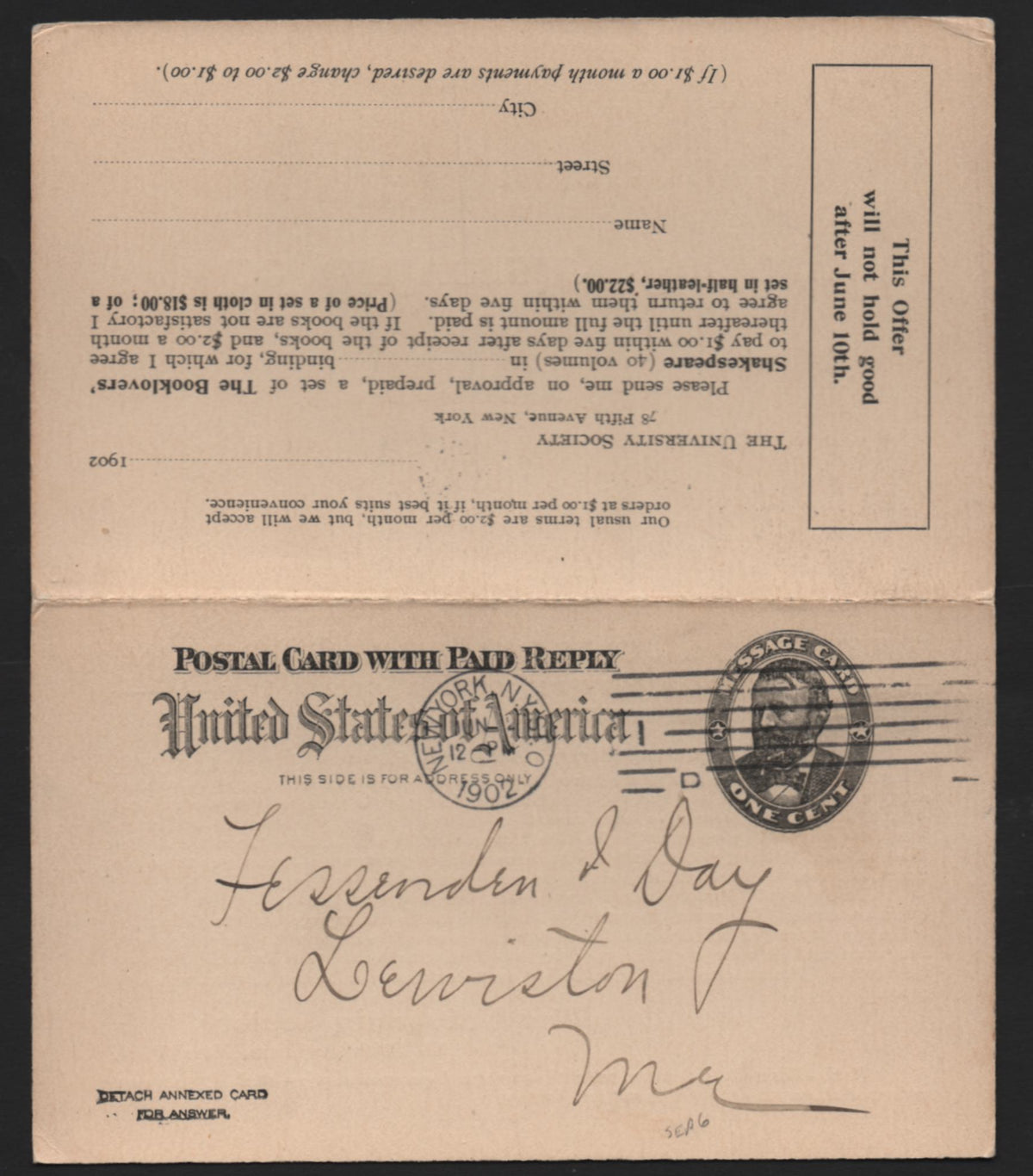 Lot 132A United States SC#UY3 1c+1c Black, 1898 International Postcard Issue, A Very Fine Used Reply Card Pair, Sent From New York to lewiston, Maine, By The University Society With Message Portion Being An Ad For A Set of Booklover's Shakespeare