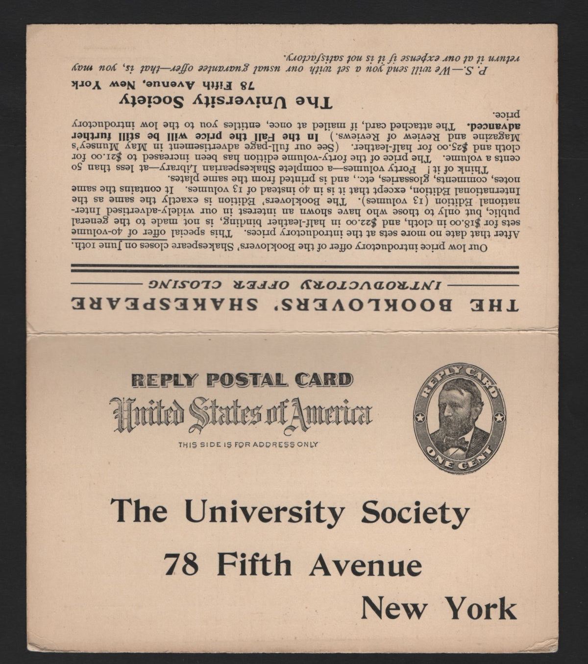 Lot 132A United States SC#UY3 1c+1c Black, 1898 International Postcard Issue, A Very Fine Used Reply Card Pair, Sent From New York to lewiston, Maine, By The University Society With Message Portion Being An Ad For A Set of Booklover's Shakespeare