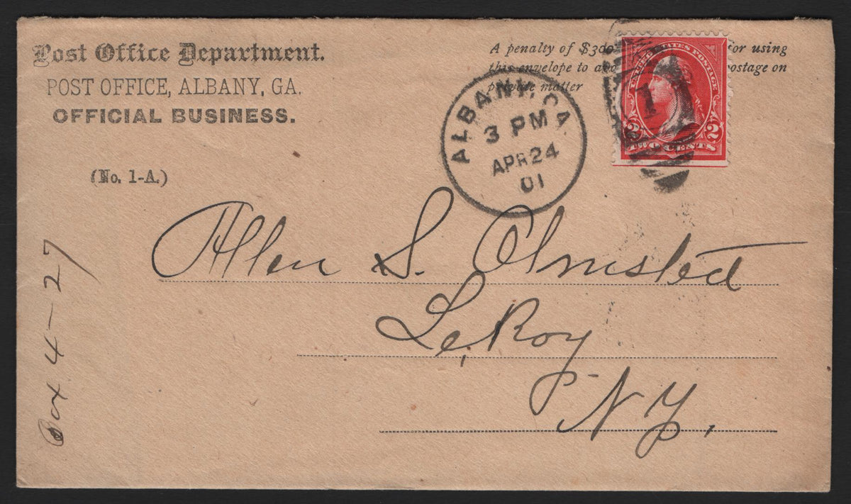 Lot 137 United States (C)SC#279b 2c Red, 1895-1897 First Bureau Issue, A Very Fine Used Free Frank Envelope, Die 4, Post Office Department Penalty, Franked Over The Penalty Text To Convert it To Regular Private Use Envelope