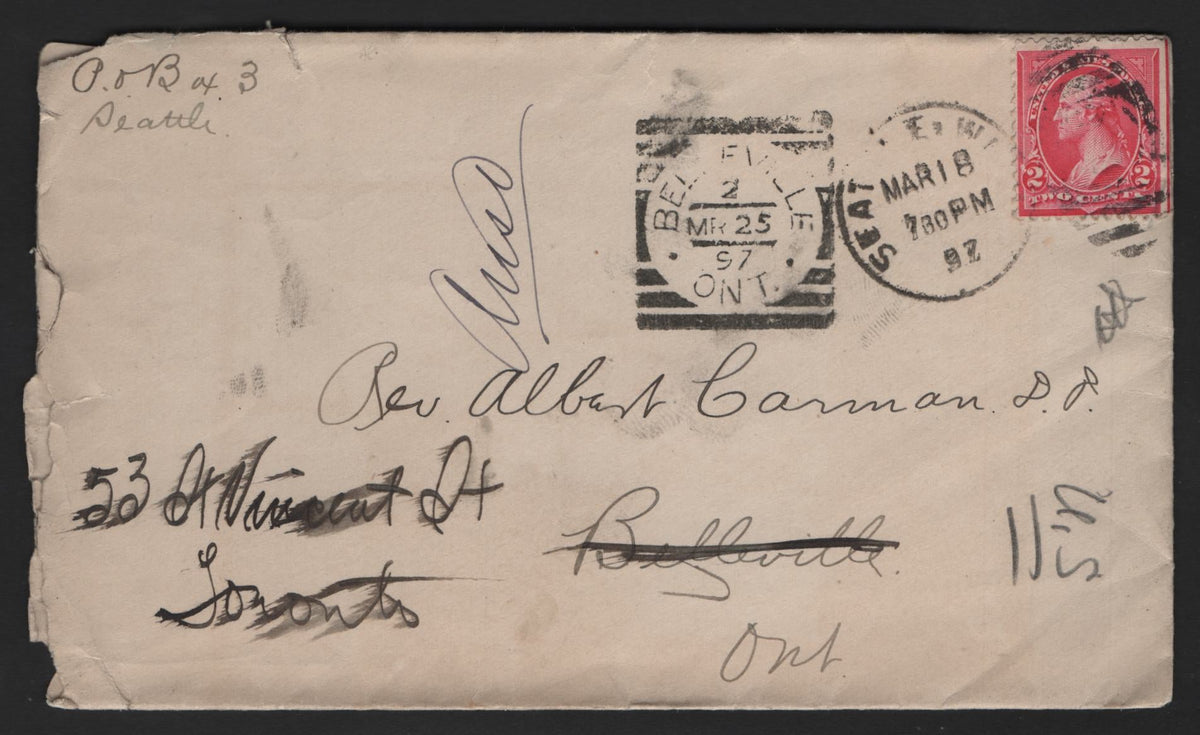 Lot 139 United States (C)SC#267a 2c Pink, 1895-1897 First Bureau Issue, A Fine Used Cross Border Cover, Type III, Sent From Seattle On March 18 1897 To Belleville On, Arriving March 25 1897