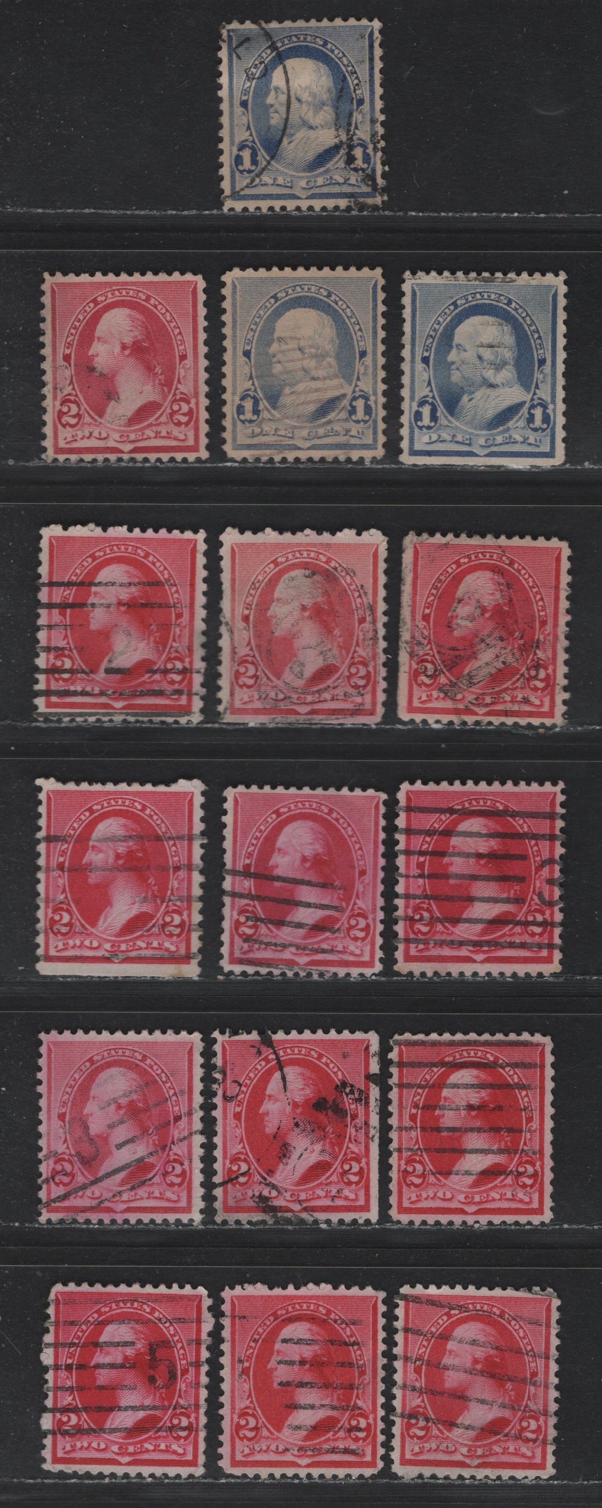 Lot 140 United States (C)SC#219-220 1c - 2c Ultramarine - Carmine, 1890-1893 Small Banknote Issue, 16 Very Fine Used Singles, Displaying A Variety Of Shades