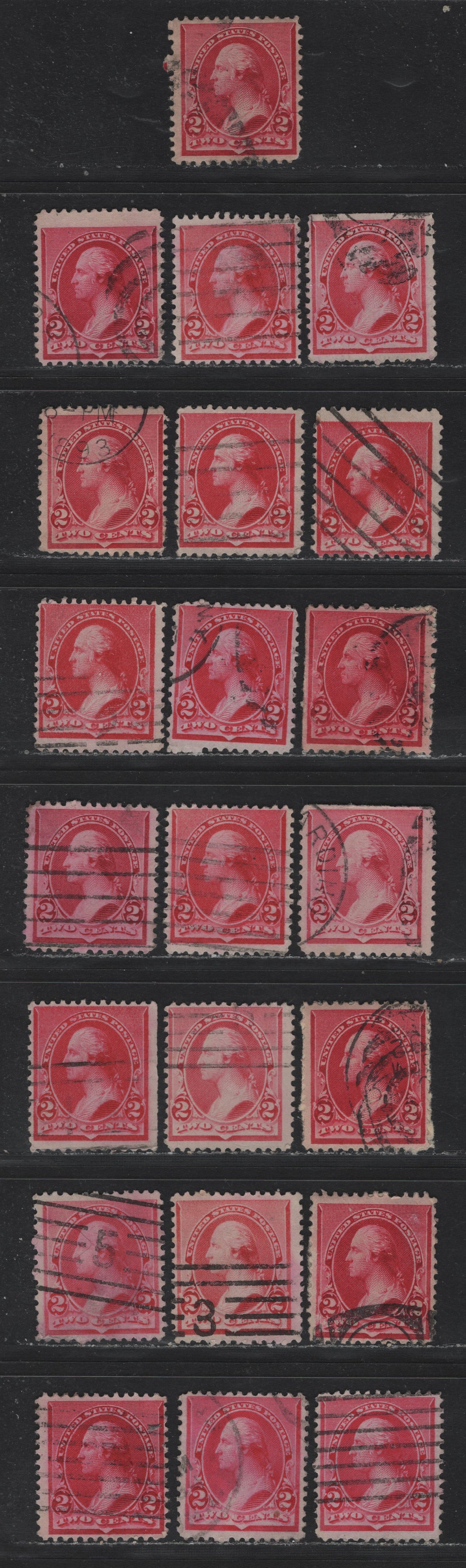 Lot 142 United States SC#220 2c Carmine - Pink, 1890-1893 Small Banknote Issue, 22 Fine Used Singles, Mostly Lightly Cancelled Singles, Forming A Shade Palette