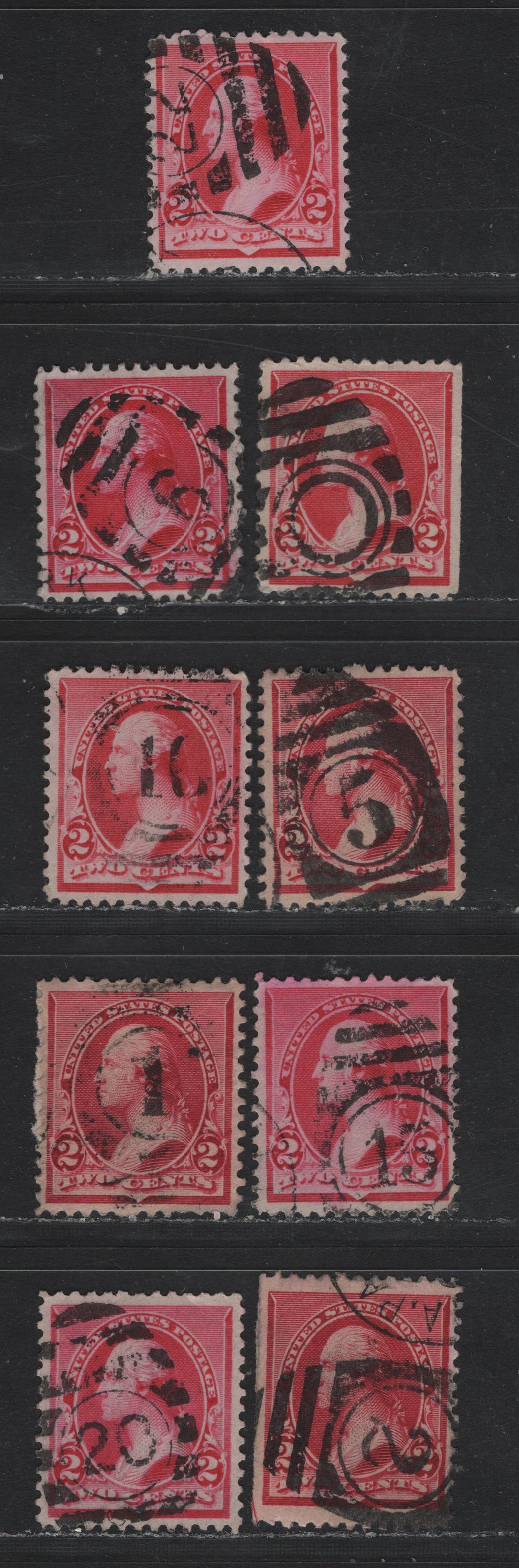 Lot 144 United States (C)SC#220 2c Carmine - Carmine Rose, 1890-1893 Small Banknote Issue, 9 Very Fine Used Singles, SON Numeral Cancels