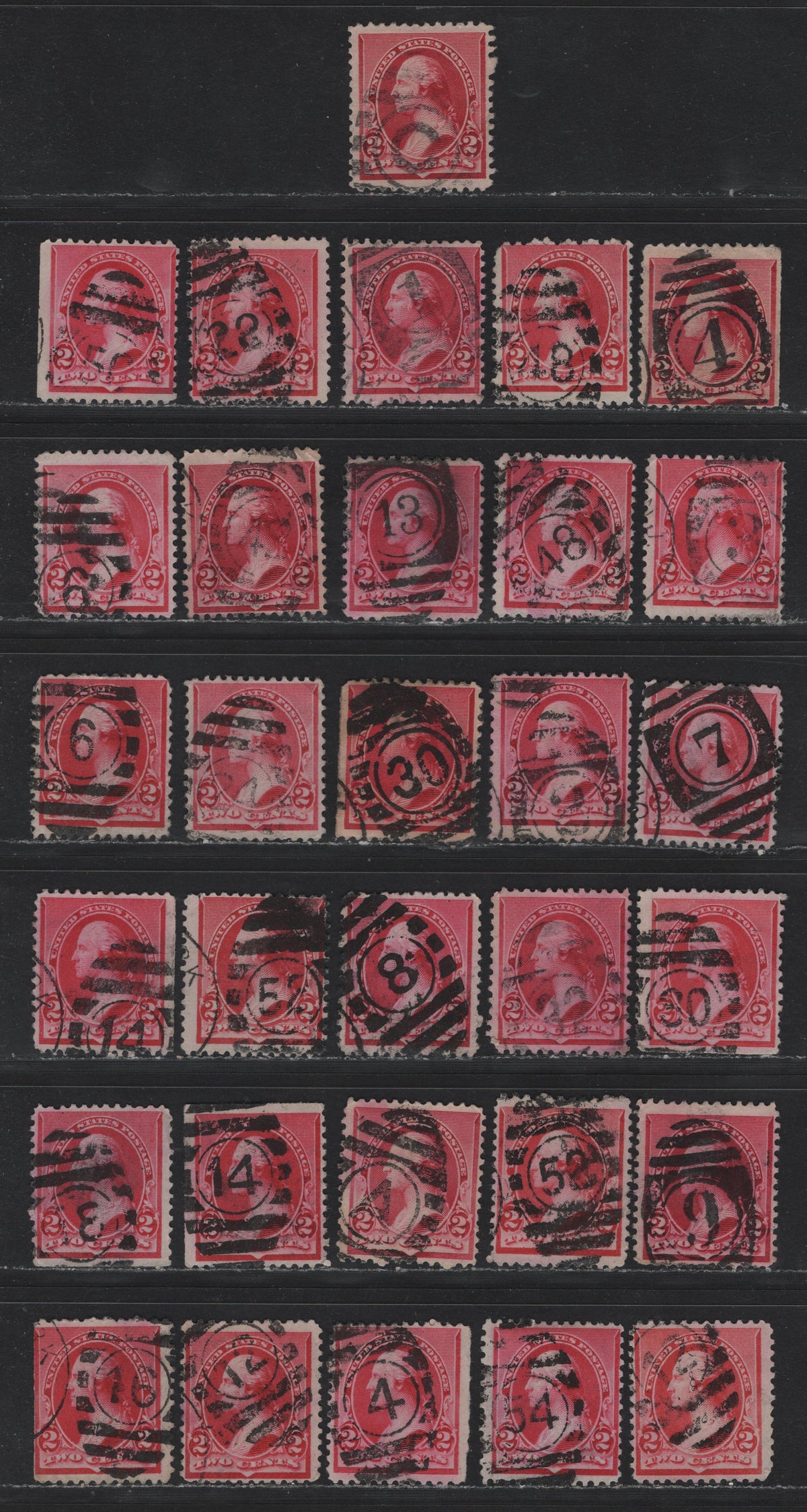 Lot 145 United States (C)SC#220 2c Carmine, Pink - Carmien Rose, 1890-1893 Small Banknote Issue, 31 Fine Used Singles, SON Numeral Duplex Cancels