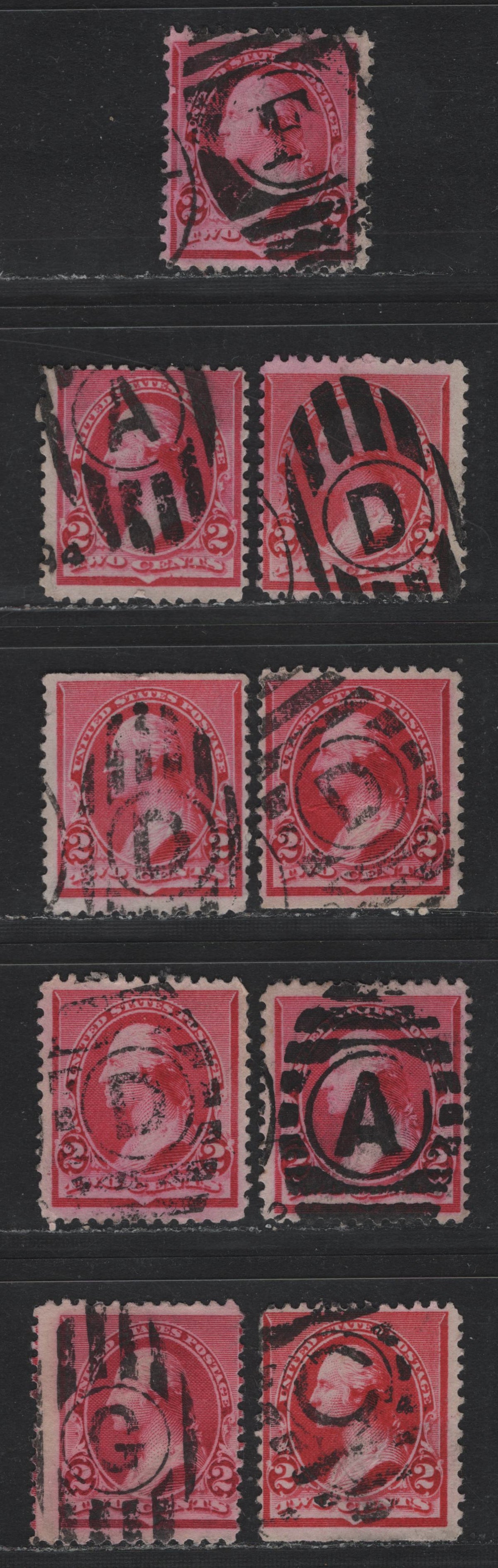 Lot 146 United States SC#220 2c Carmine - Carmine Rose, 1890-1893 Small Banknote Issue, 9 Very Good/Fine Used Singles, SON Alphabetic Barred Duplex Cancels