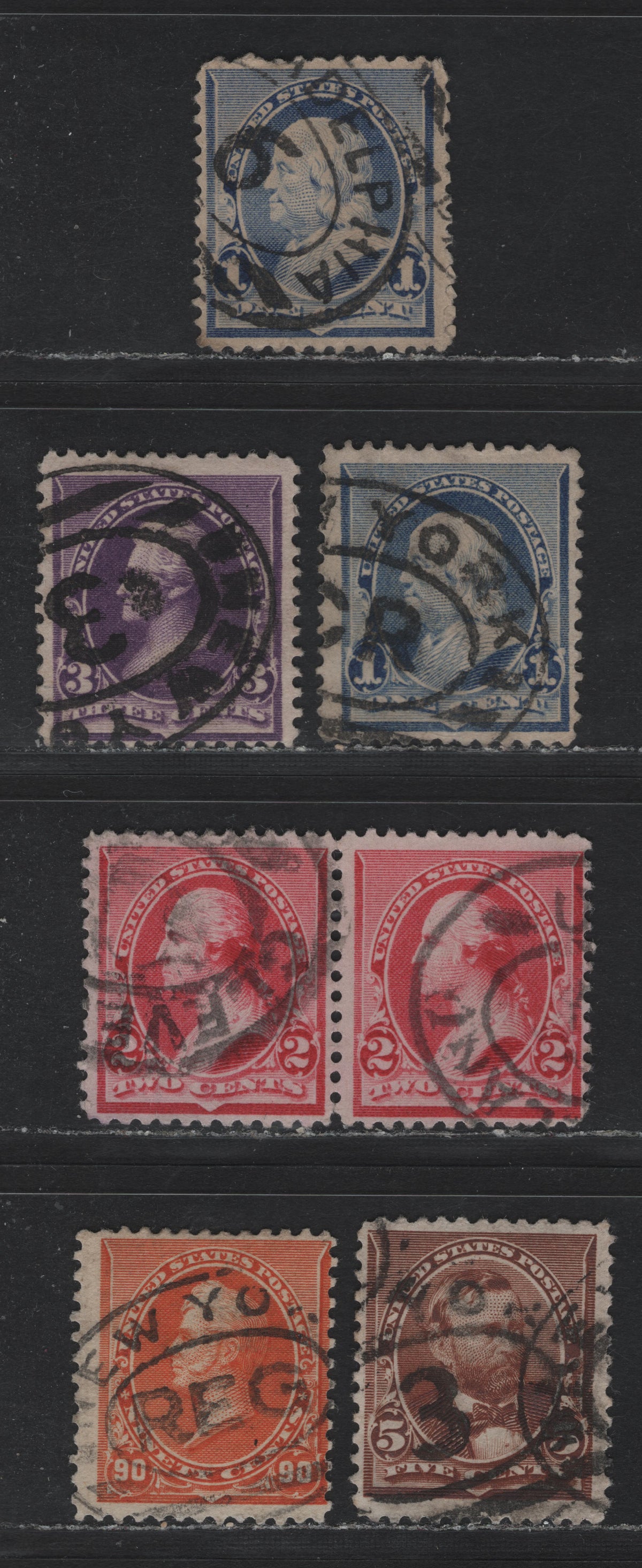 Lot 147 United States SC#219-221, 222a, 223 1c - 90c Ultramarine - Orange, 1890-1893 Small Banknote Issue, 5 Fine Used Singles, Philadelphia & New York Parcel Cancels