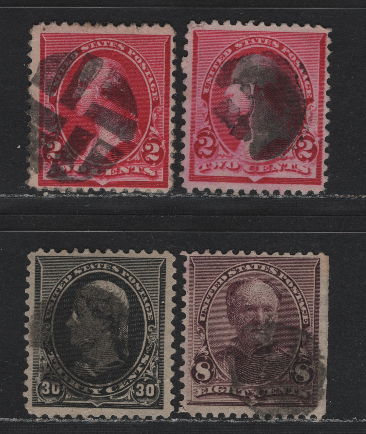 Lot 148 United States (C)SC#220, 225, 228 2c- 30c Carmine - Black, 1890-1893 Small Banknote Issue, 3 Fine Used Singles, Cork & Dumb Cork Cancels