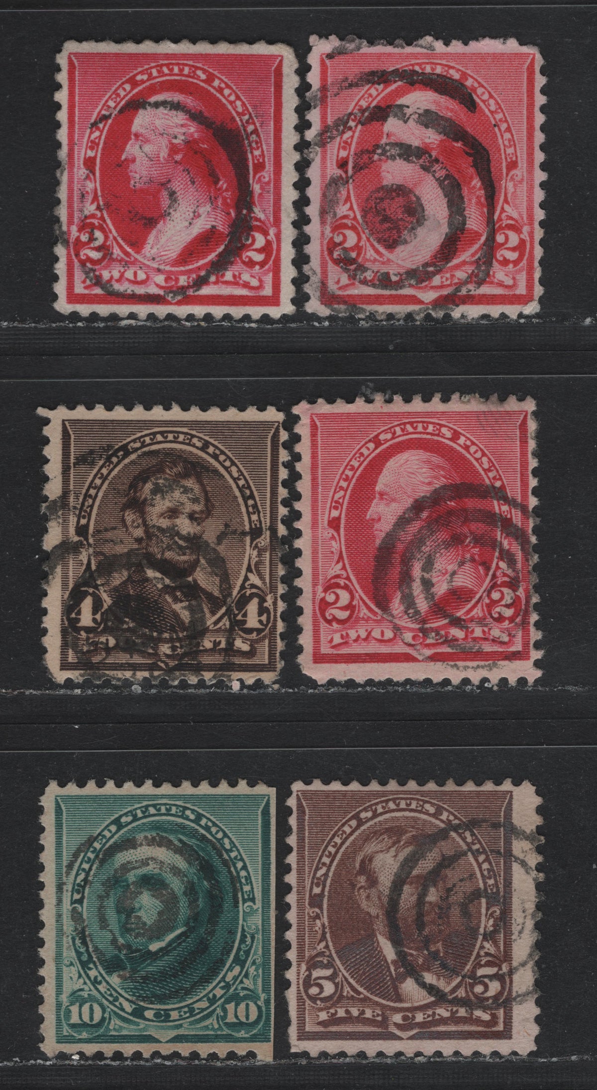Lot 149 United States (C)SC#220, 222-223, 226 2c - 10c Carmine - Blue Green, 1890-1893 Small Banknote Issue, 6 Fine/Very Fine Used Singles, Target Cancels