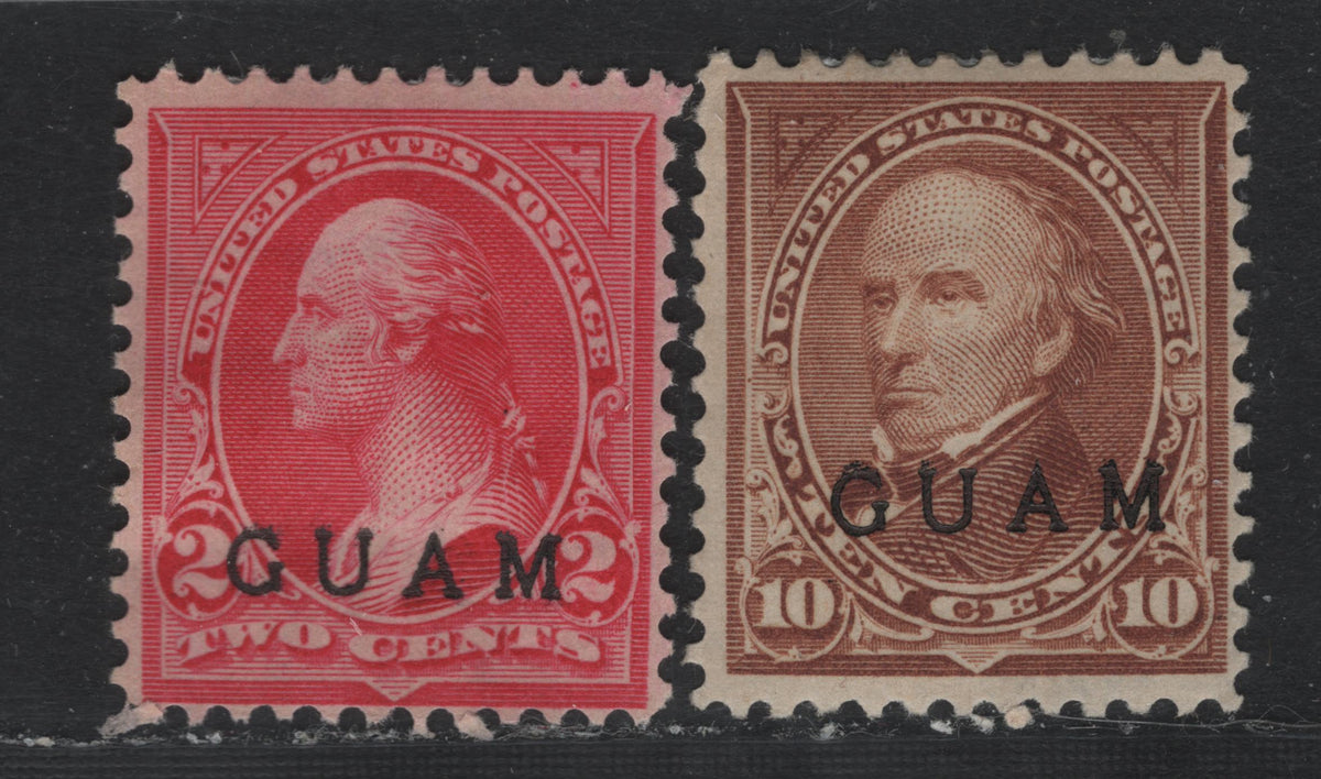 Lot 15 Guam SC#2a, 8 2c - 10c Rose Carmine - Brown, 1899 First Bureau Issue, 2 FOG & Unused Singles, Rose Carmine Type IV, Brown Type 1, Reversed Wmk, Guam Overprint.