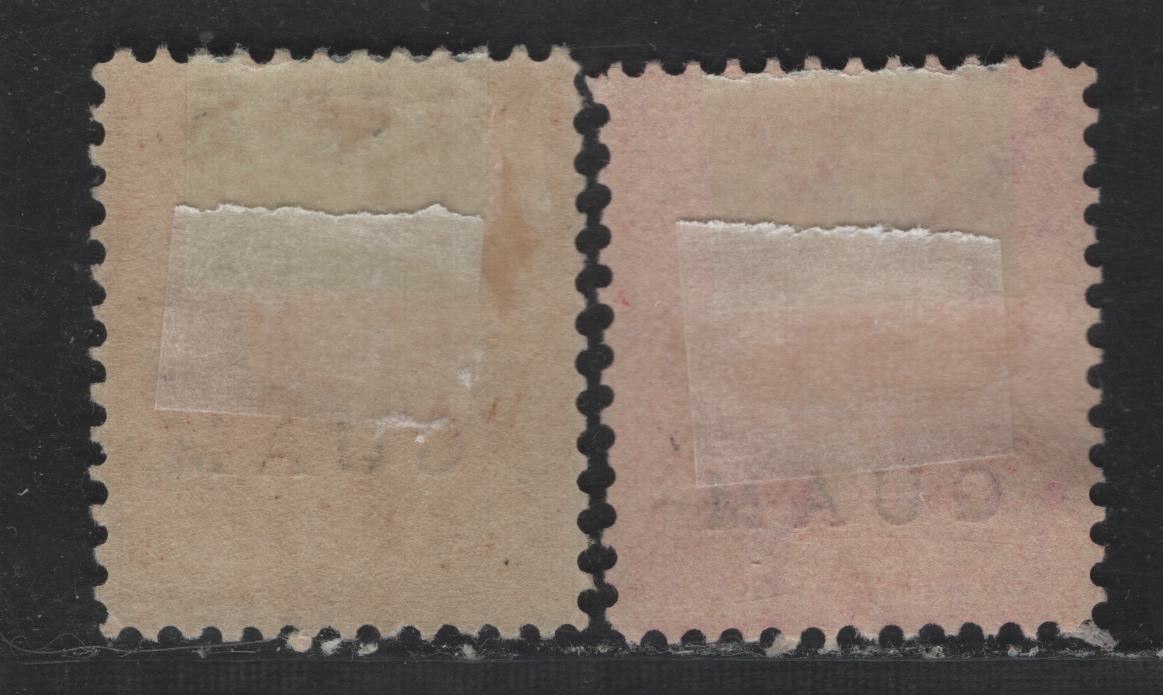 Lot 15 Guam SC#2a, 8 2c - 10c Rose Carmine - Brown, 1899 First Bureau Issue, 2 FOG & Unused Singles, Rose Carmine Type IV, Brown Type 1, Reversed Wmk, Guam Overprint.