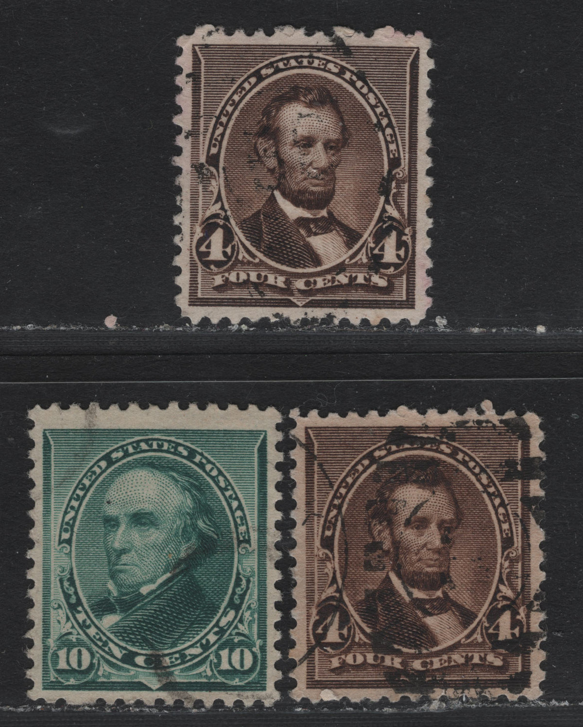 Lot 153 United States (C)SC#222 4c Dark & Blackish Brown - Blue Green, 1890-1893 Small Banknote Issue, 3 Very Fine Used Singles