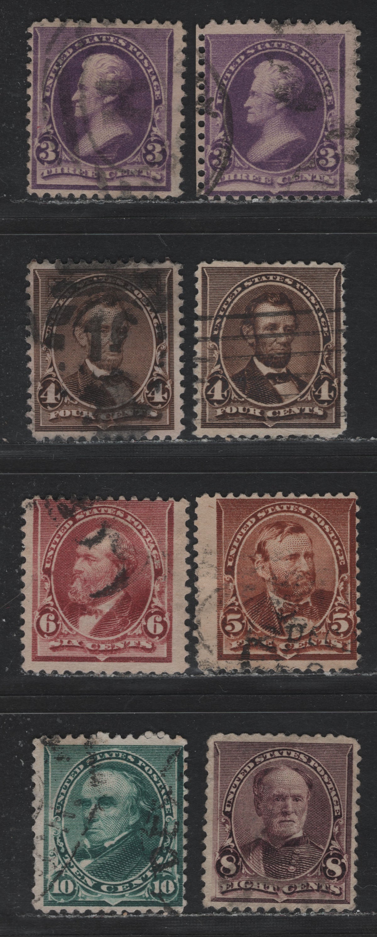 Lot 155 United States (C)SC#221/226 3c - 10c Purple - Blue Green, 1890-1893 Small Banknote Issue, 8 Fine Used Singles