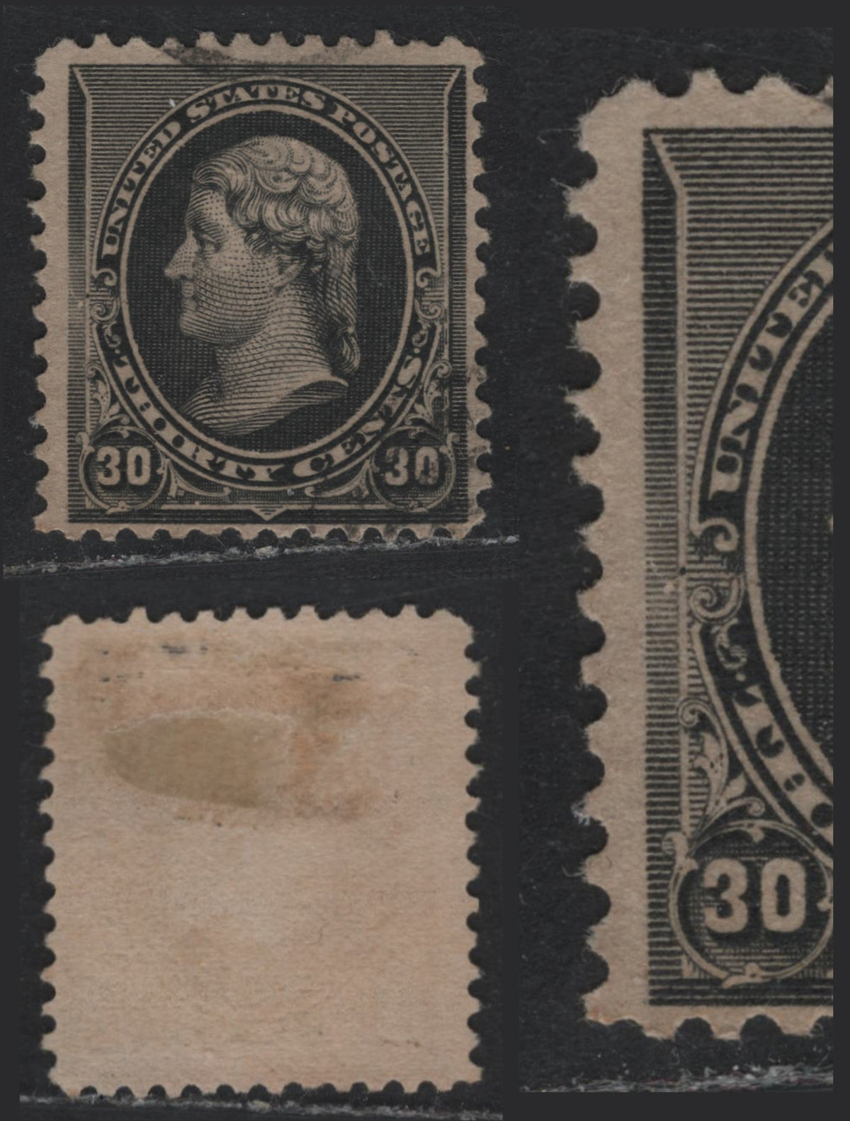 Lot 158 United States SC#228 30c Black, 1890-1893 Small Banknote Issue, A Fine Used Single, Vertical Guideline Extending Upward In The White Space Between The Framelines On The Left Side