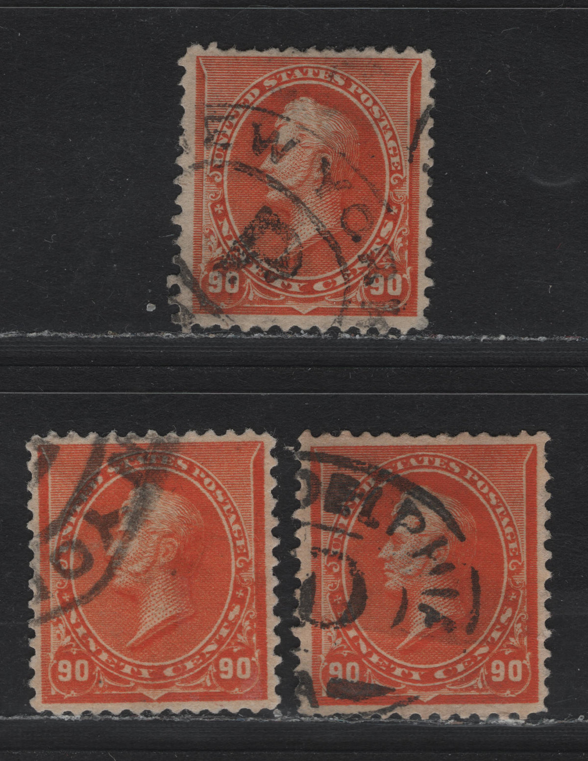 Lot 160 United States SC#229 90c Bright/Duller Orange, 1890-1893 Small Banknote Issue, 3 Very Good Used Singles, Moderate Philadelphia & New York Parcel Cancels, All With Shallow thins