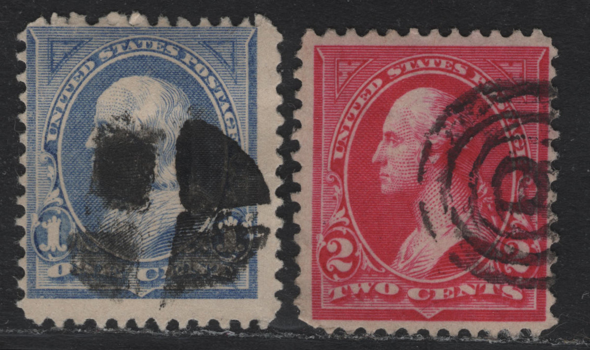 Lot 163 United States SC#246, 252 1c - 2c Ultramarine - Carmine, 1894 1st Bureau Issue, 2 Fine Used Singles, Type 3, Unwatermarked, 1c With Circle Of Wedges Cork Cancel, 2c With Target Cancel.