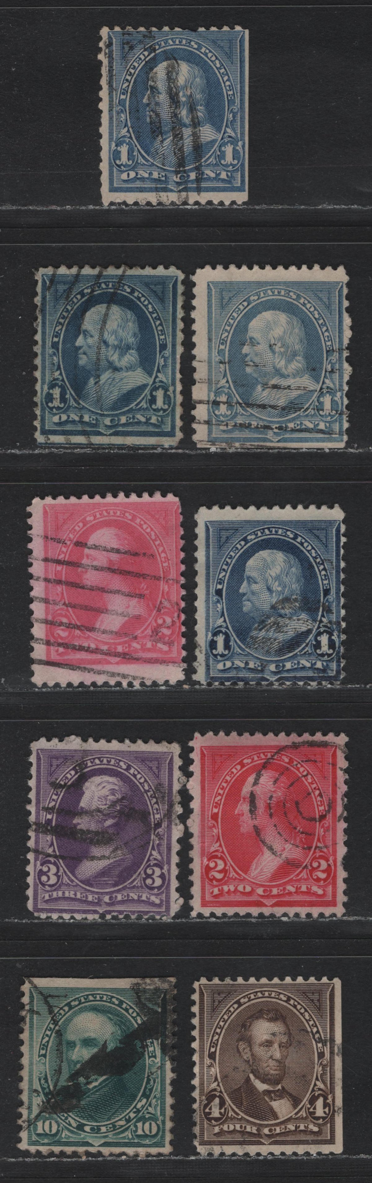 Lot 164 United States SC#246-248, 250a, 253-254, 258 1c - 10c Ultramarine - Blue Green, 1894 1st Bureau Issue, 9 Very Good/Fine Used Singles, Type 1, Unwatermarked