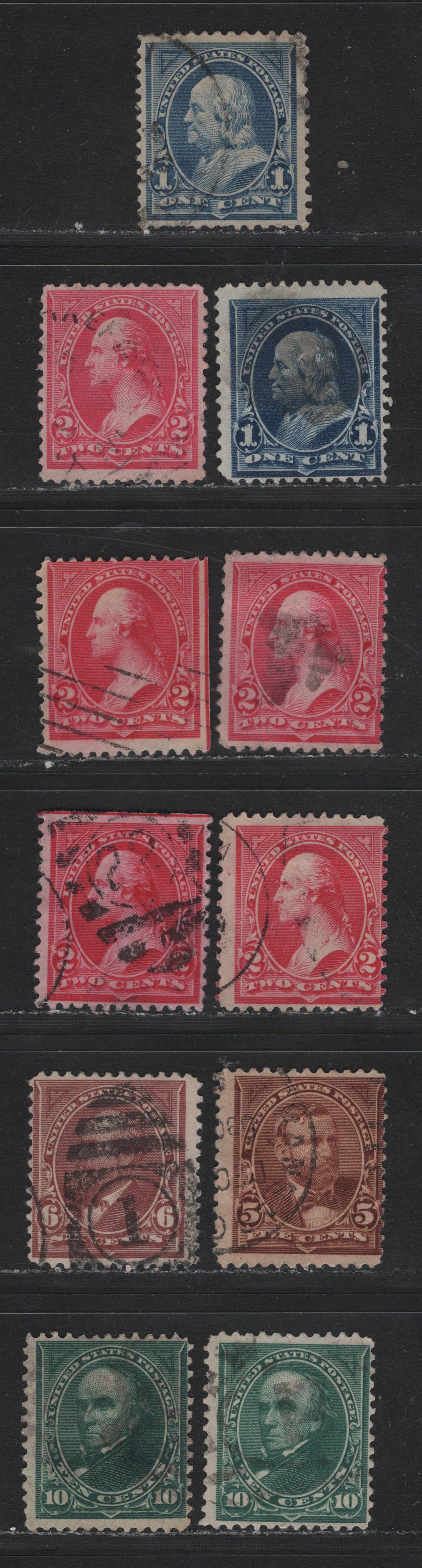 Lot 166 United States (C)SC#264, 267-a, 270-271, 273 1c - 10c Blue - Dark Green, 1895-1897 1st Bureau Issue, 11 Fine Used Singles, 2c Type 3, Upright USPS Wmk