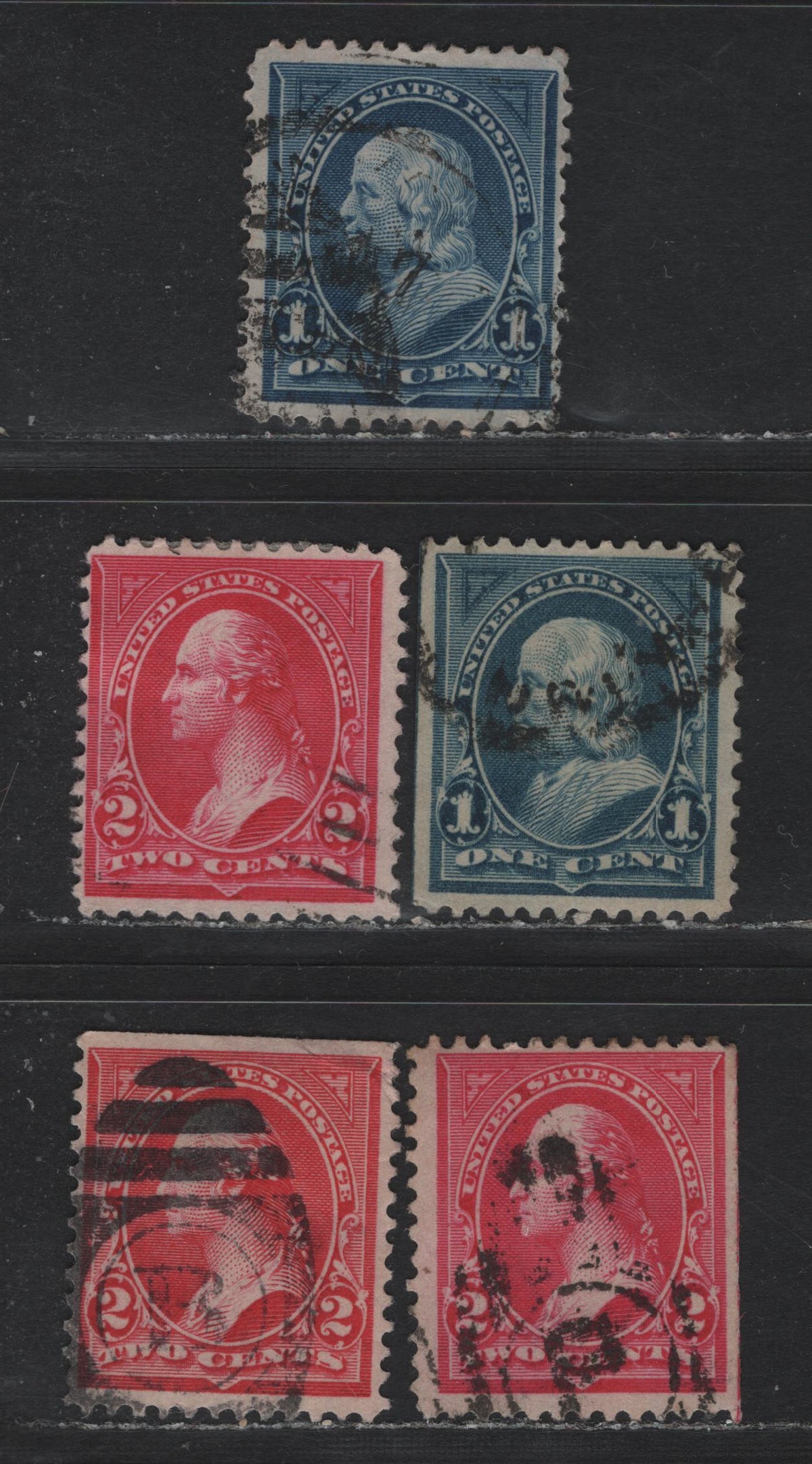 Lot 167 United States (C)SC#264, 267 1c - 2c Greenish Blue - Carmine Pink, 1895-1897 1st Bureau Issue, 5 Fine Used Singles, Reversed Wmk