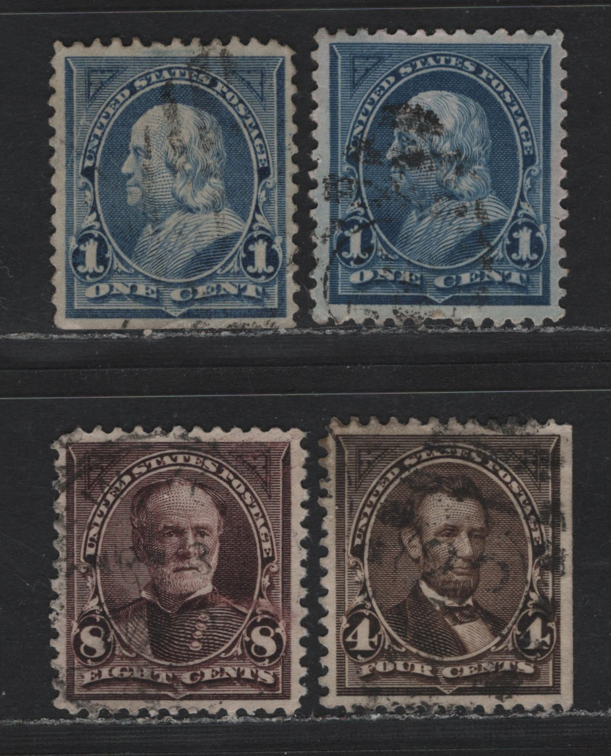 Lot 168 United States SC#264, 269, 272 1c - 8c Blue - Violet Brown, 1895-1897 1st Bureau Issue, 4 Very Fine Used Singles, Normal & Inverted Wmks On 1c, Sideways On 4c & 8c