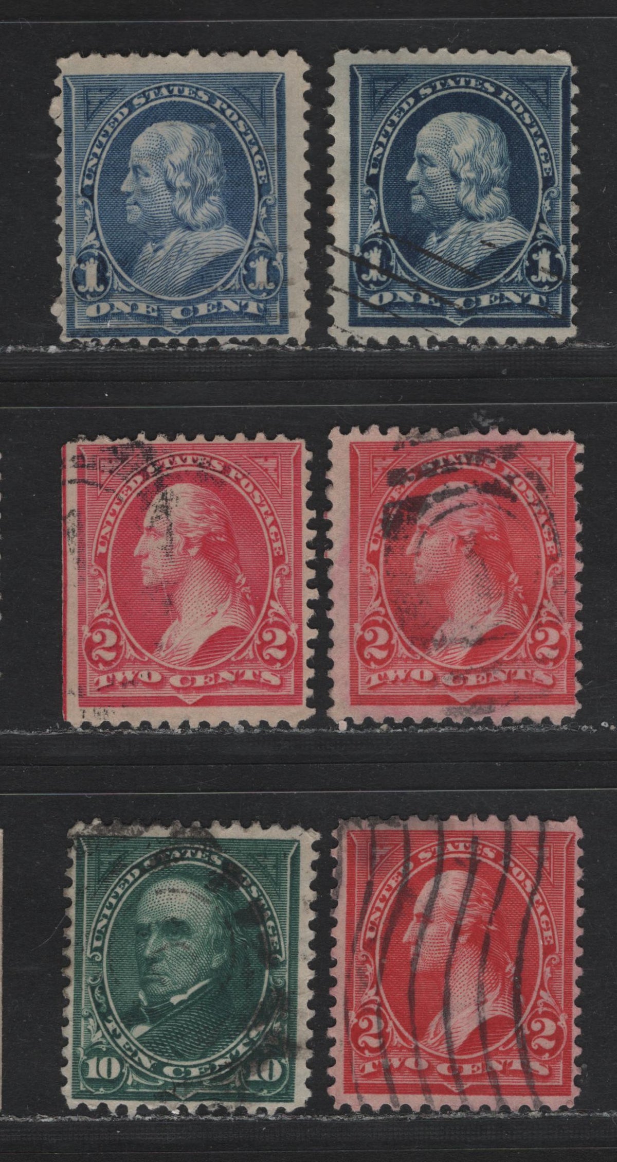 Lot 169 United States SC#264, 267-a, 273 1c - 10c Blue - Dark Green, 1895-1897 1st Bureau Issue, 6 Fine Used Singles, Pink Type III, All Stamps Except Pink Having Inverted Wmks, Pink Having Inverted & Reversed Wmk.