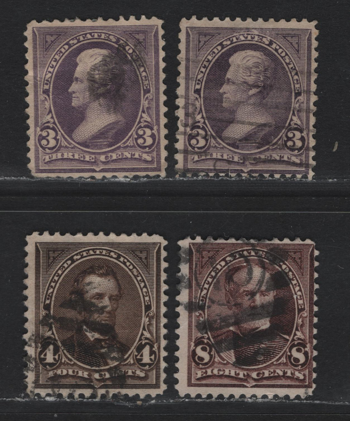 Lot 170A United States (C)SC#268-269, 272 3c - 8c Purple - Bright Violet, 1895-1897 1st Bureau Issue, 4 Fine Used Singles, Sideways Inverted Wmks