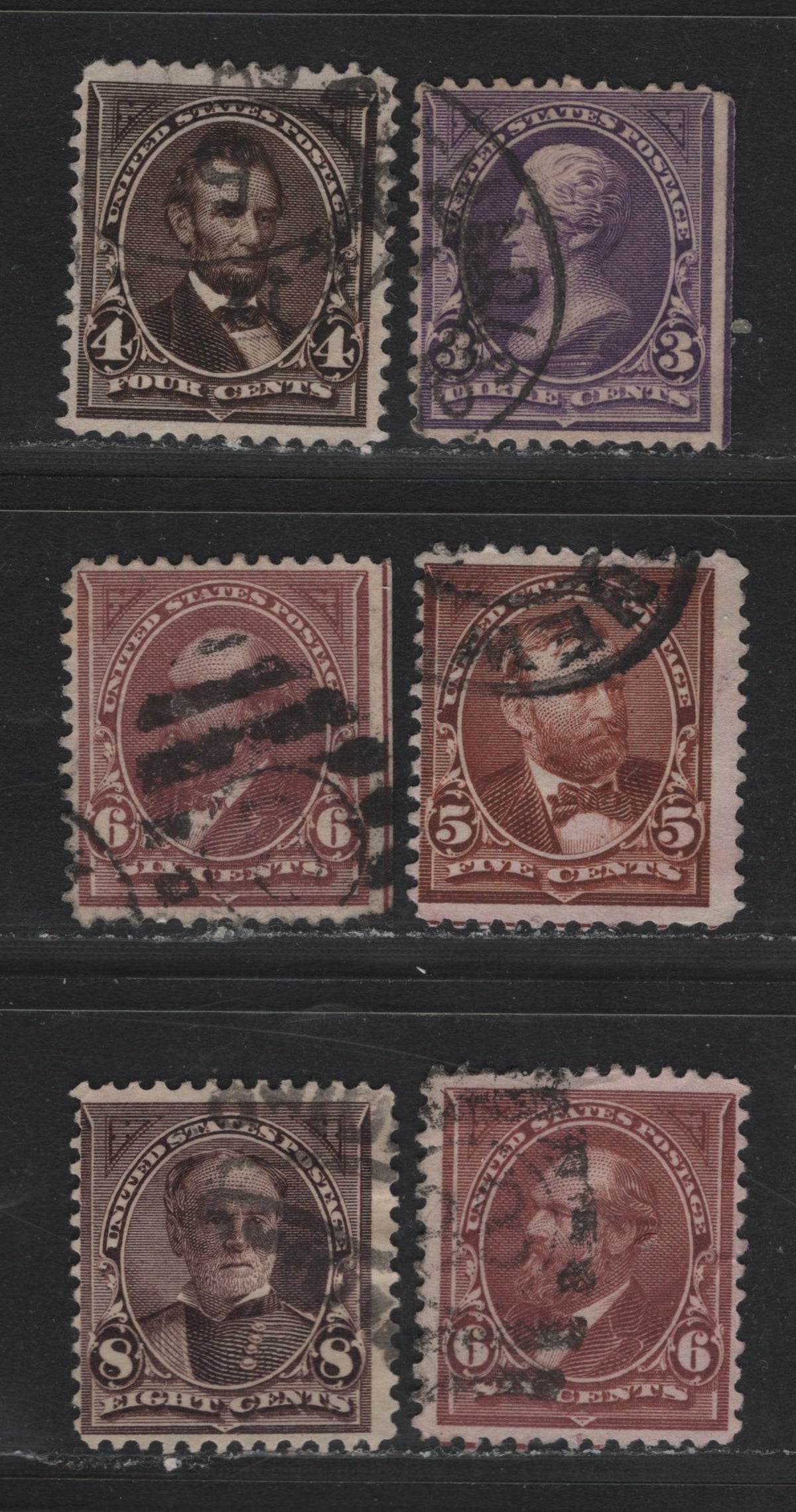 Lot 171 United States (C)SC#268-271 3c - 8c Deep Purple - Violet Brown, 1895-1897 1st Bureau Issue, 6 Fine Used Singles, Sideways-Inverted Wmks