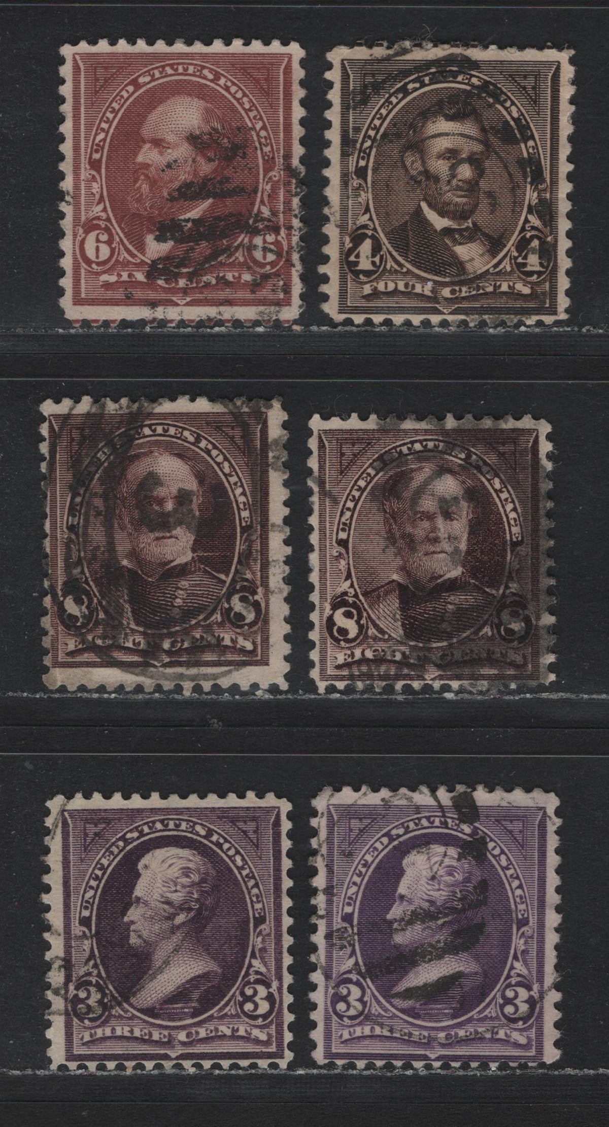 Lot 172 United States (C)SC#268, 270-272 3c - 8c Purple - Bright Violet Brown, 1895-1897 1st Bureau Issue, 6 Fine Used Singles, Sideways-Reversed Wmks