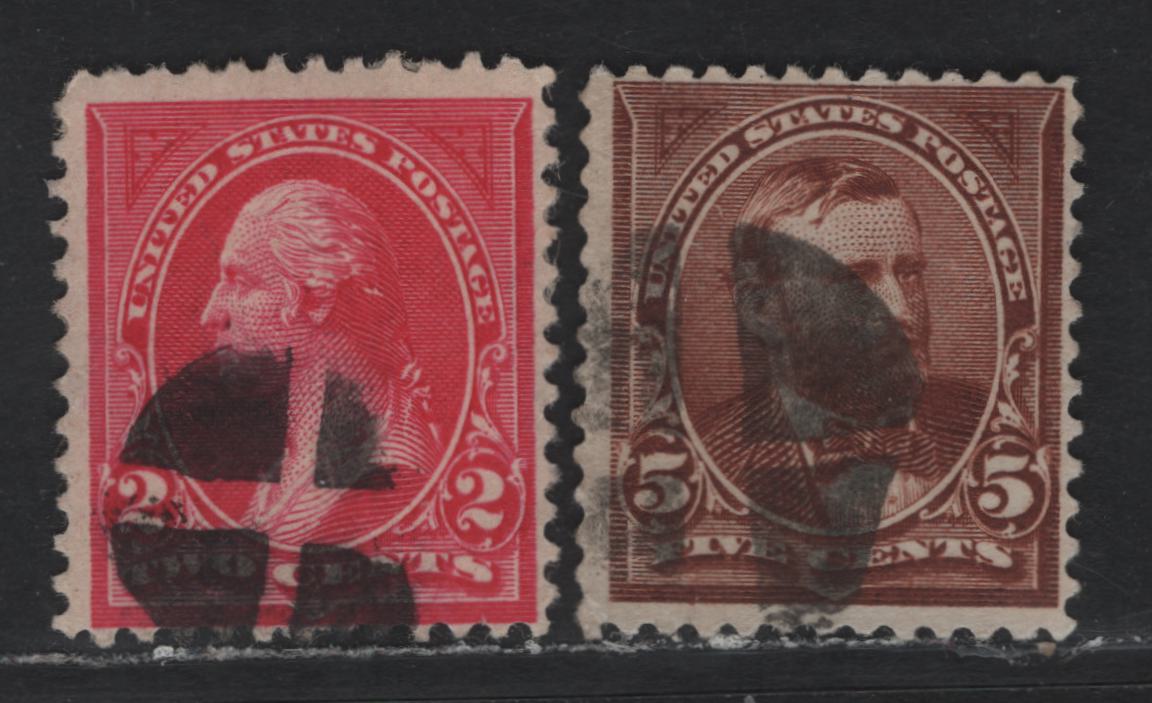 Lot 176 United States (C)SC#265, 270 2c - 5c Carmine Rose - Chocolate, 1895-1897 1st Bureau Issue, 2 Fine Used Single, Type 1, Scarcer Segmented Cork Cancels