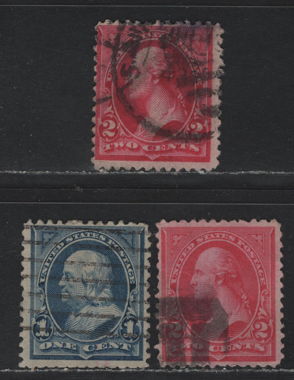 Lot 177 United States SC#247, 252-252 1c - 2c Blue - Carmine , 1894 2nd Bureau Issue, 3 Fine Used Singles, Types 2 & 3, Unwatermarked