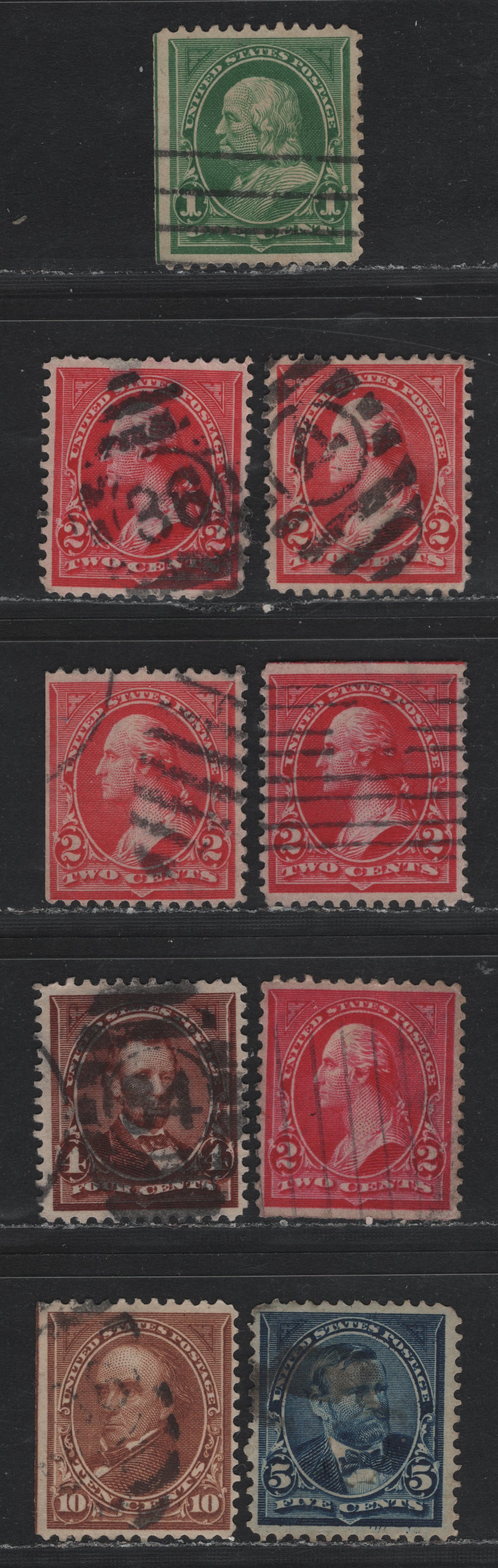 Lot 179 United States (C)SC#279,b,bf, 280-281, 282c 1c - 10c Deep Green - Brown , 1897-1903 1st Bureau With New Color Issue, 9 Very Fine Used Singles, Brown Type 1, Normal Upright or Sideways Wmk On 4c or 5c