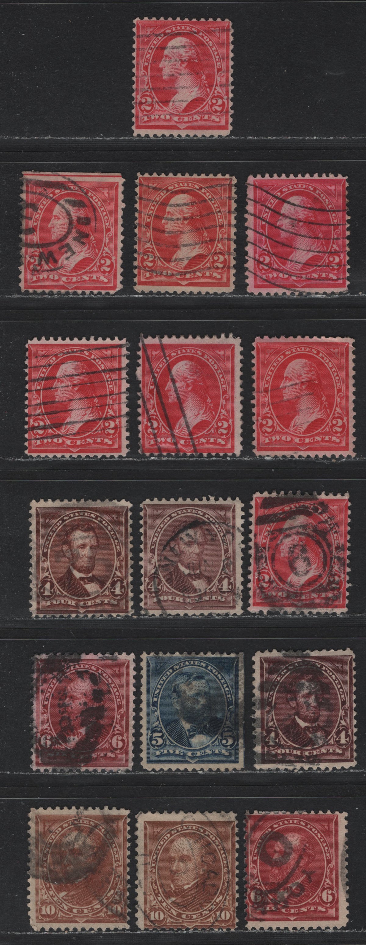 Lot 181 United States (C)SC#279b,be,bf, 280-a, 281-282,a,c, 283 2c - 10c Carmine - Orange Brown , 1897-1903 1st Bureau With New Color Issue, 16 Fine Used Singles, Type 4, Various Shades