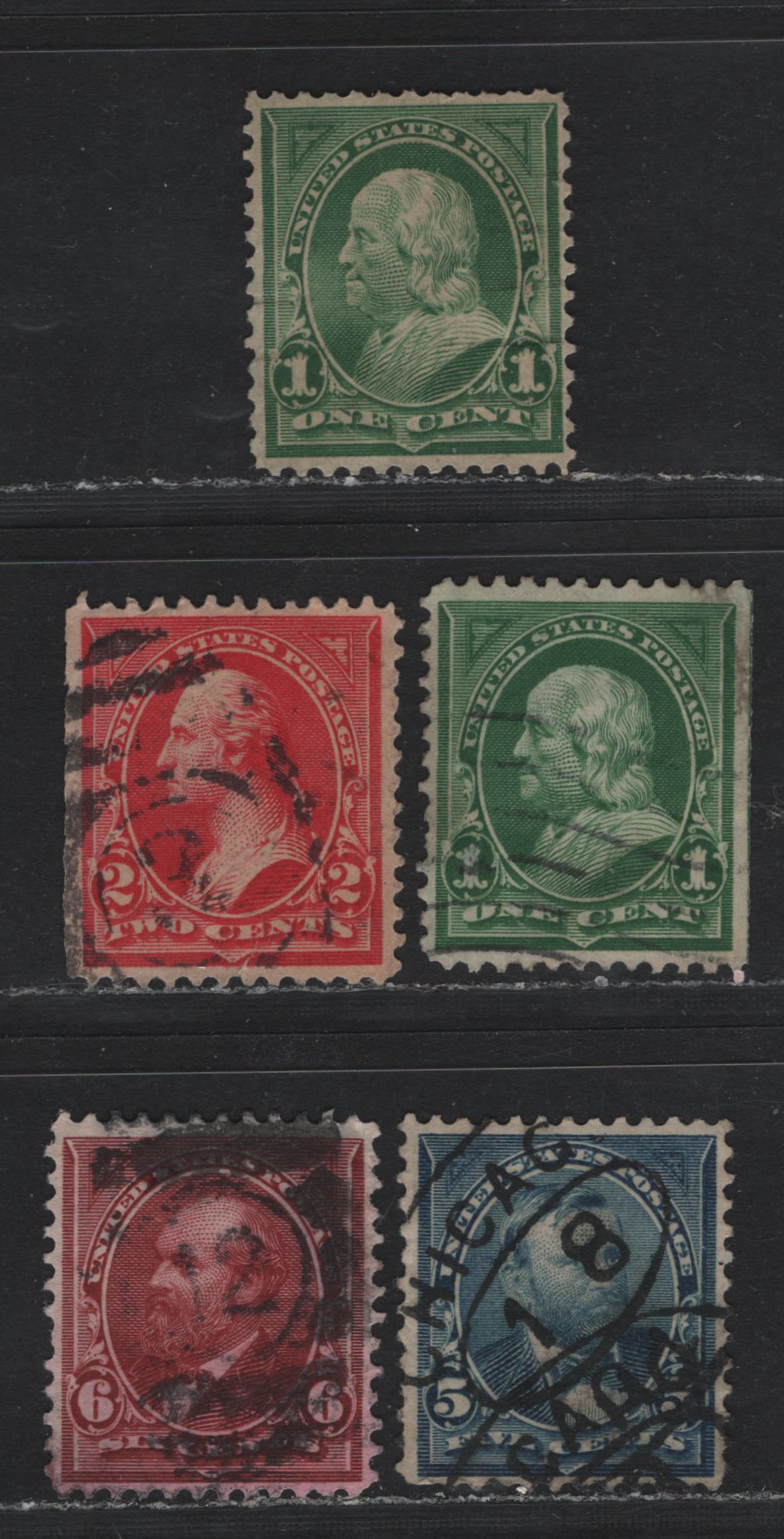 Lot 182 United States SC#279,b, 281, 282a 1c - 6c Green - Purple , 1897-1903 1st Bureau With New Color Issue, 6 Very Fine Used Singles, 2c Red Type 4, Inverted (1c & 2c) Or Sideways-Inverted (5c-6c) Wmks