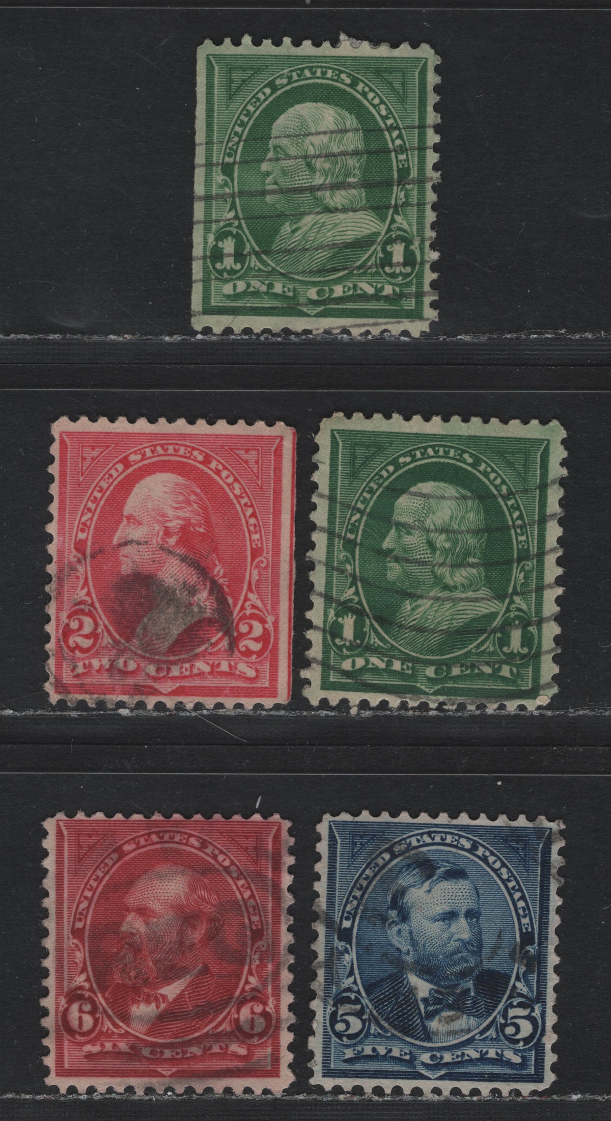 Lot 186 United States (C)SC#279,bg, 281-282 1c - 6c Deep Green - Claret , 1897-1903 1st Bureau With New Color Issue, 5 Very Fine Used Singles, 2c Pink Type 4, Reversed Wmk