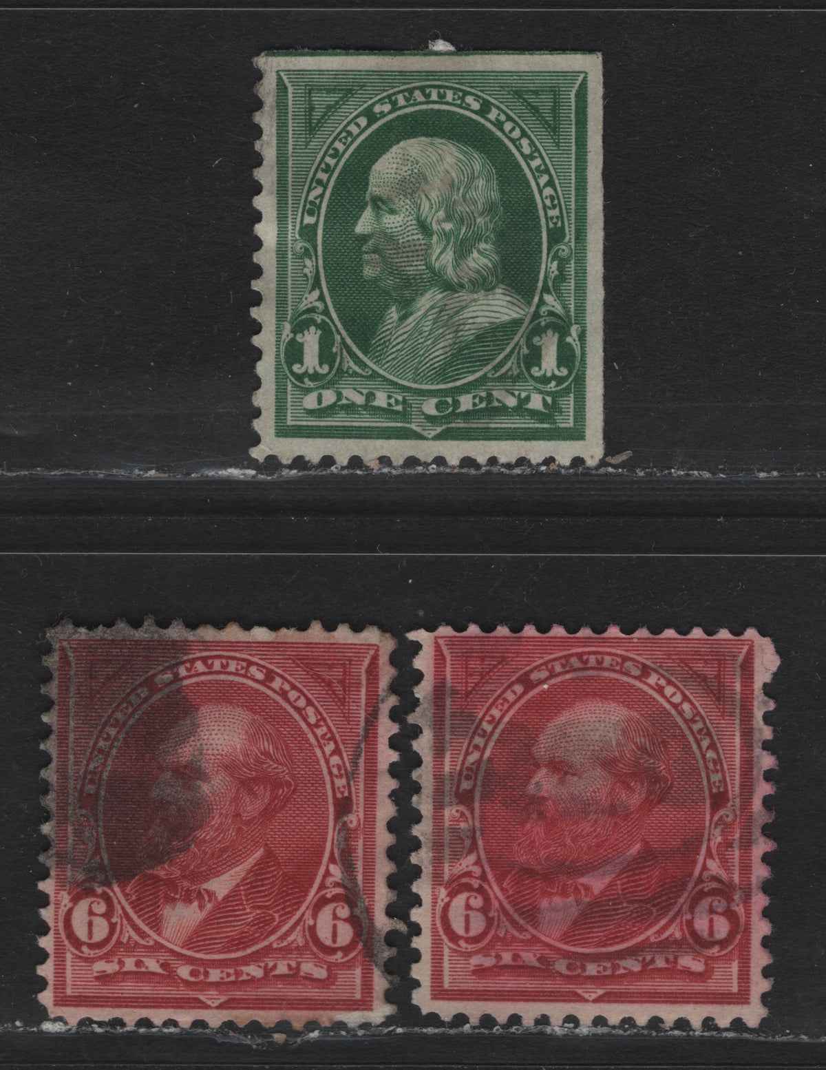 Lot 189 United States (C)SC#279, 282 1c - 6c Green - Claret , 1897-1903 1st Bureau With New Color Issue, 3 Fine/Very Fine Used Singles, Inverted & Reversed (1c) And Sideways Inverted-Reversed (6c) Wmks