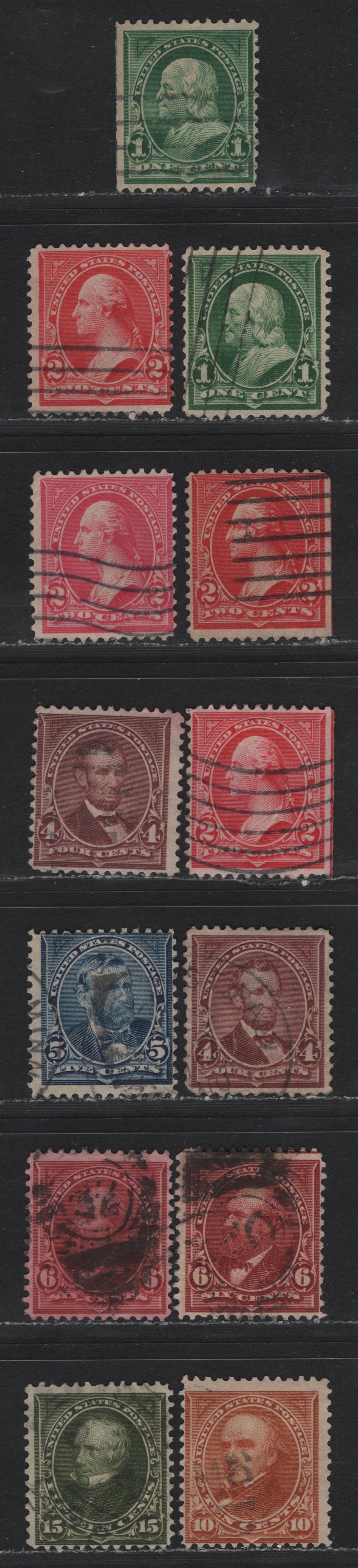 Lot 190 United States (C)SC#279,b,bf,bg 280a, 281, 282-a, 283a, 284 1c - 15c Green - Olive Green , 1897-1903 1st Bureau With New Color Issue, 3 Fine Used Singles, 2c Type 4, 10c Type 2, Inverted & Reversed (1c - 2c) & Sideways-Reversed-Inverted Wmks