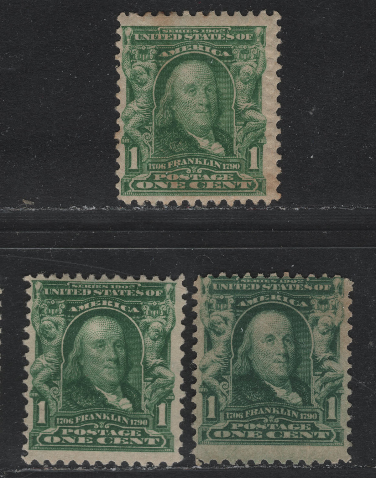 Lot 19 United States SC#300 1c Green, Deep Green & Blue Green , 1902-1903 2nd Bureau Issue, 3 FOG & Unused Singles, Upright Wmk On Deep Green, Inverted On Others, OG On Green Shade, No Gum On Others.